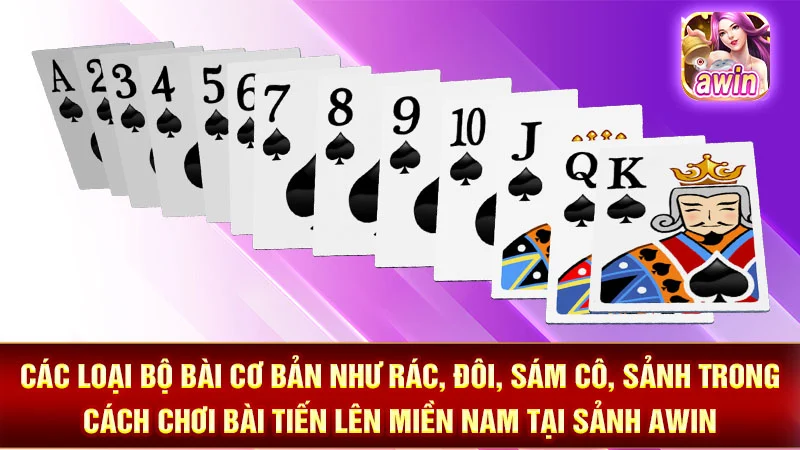 Các loại bộ bài cơ bản như rác, đôi, sám cô, sảnh trong cách chơi bài tiến lên miền nam tại sảnh AWIN.