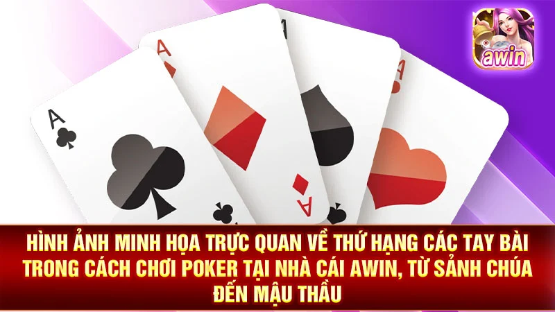 Hình ảnh minh họa trực quan về thứ hạng các tay bài trong cách chơi poker tại nhà cái AWIN, từ Sảnh Chúa đến Mậu Thầu.