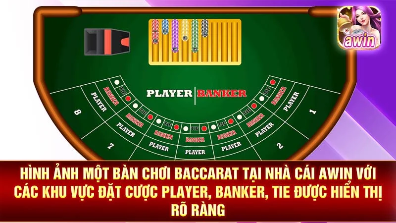 Hình ảnh một bàn chơi Baccarat tại nhà cái AWIN với các khu vực đặt cược Player, Banker, Tie được hiển thị rõ ràng.