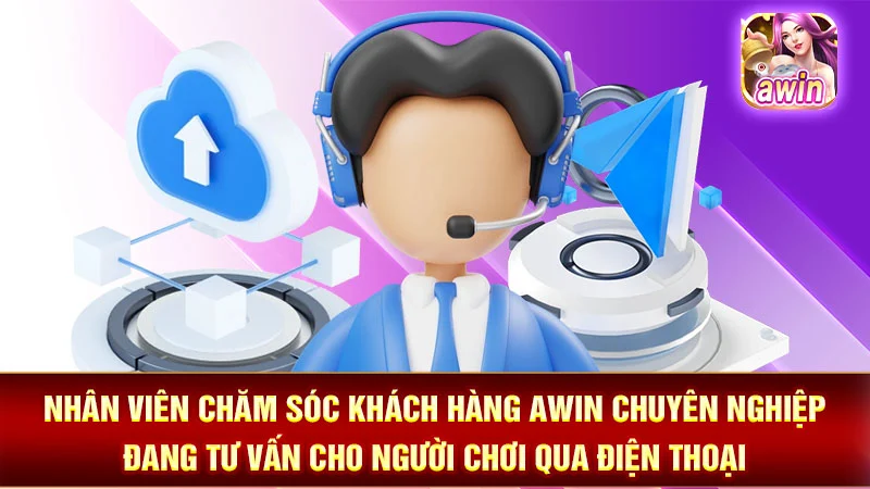  Nhân viên chăm sóc khách hàng AWIN chuyên nghiệp đang tư vấn cho người chơi qua điện thoại.